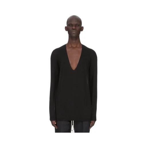Rick Owens Temple Oversize Extreme V Neck In Black Lightweight Rasato Knit