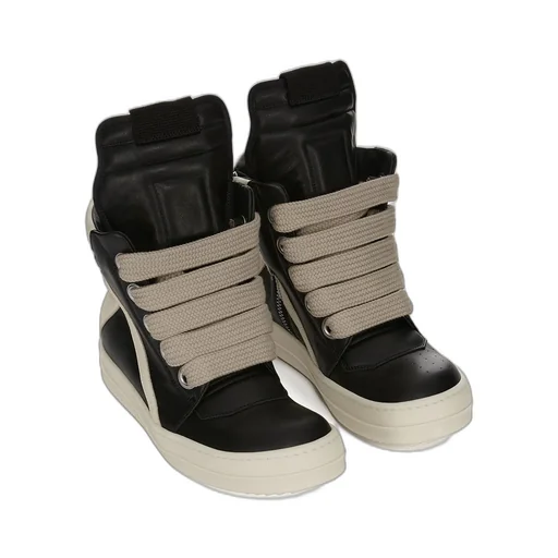 Rick Owens Temple Jumbolace Geobasket In Black/Milk/Milk Full Grain Cow Leather