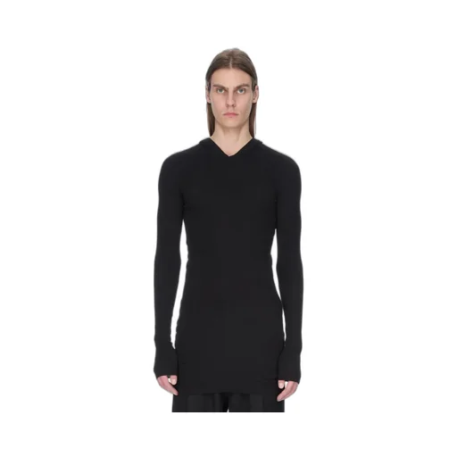 Rick Owens Concordians Hooded Rib Ls T In Black Rainino Rib Jersey