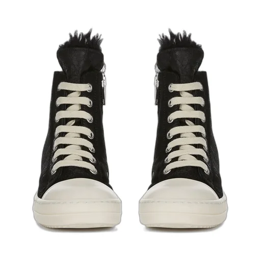Rick Owens Concordians Shearling Sneaks In Black/Milk/Milk Curly Shearling