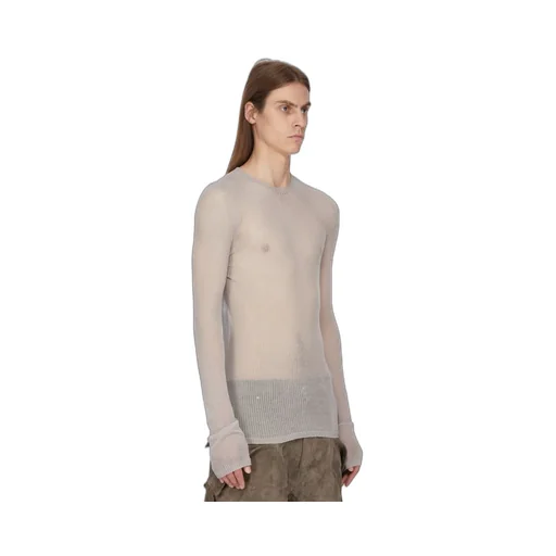 Rick Owens Temple Knit Dennis Top In Pearl Ribbed Lightweight Cashmere Knit