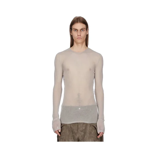 Rick Owens Temple Knit Dennis Top In Pearl Ribbed Lightweight Cashmere Knit