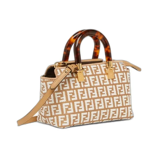 Small Raffia Boston Bag With A White Tapestry Fabric Ff Motif