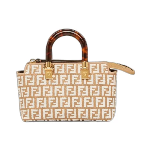 Small Raffia Boston Bag With A White Tapestry Fabric Ff Motif