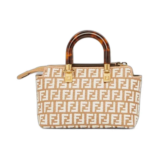 Small Raffia Boston Bag With A White Tapestry Fabric Ff Motif