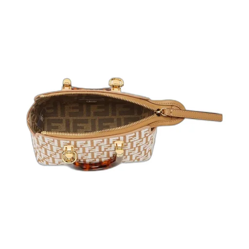 Small Raffia Boston Bag With A White Tapestry Fabric Ff Motif