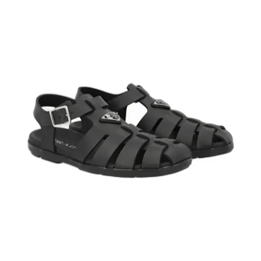 Prada Logo Plaque Round-Toe Sandals
