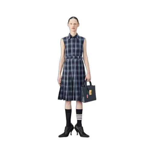 Plaid-Check Pleated Shirtdress