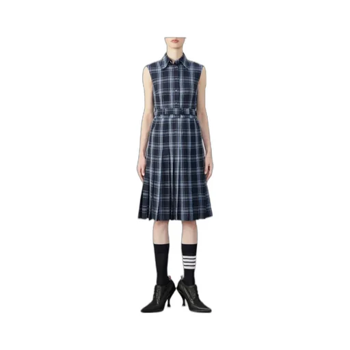 Plaid-Check Pleated Shirtdress