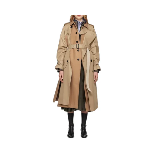 Sacai Melton Double-Breasted Belted Gabardine Trench Coat