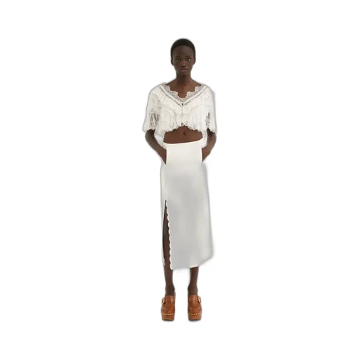 Scallop Embroidered Wool Straight Skirt
