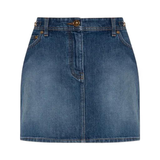 Versace Medusa Embellished Mini Denim Skirt