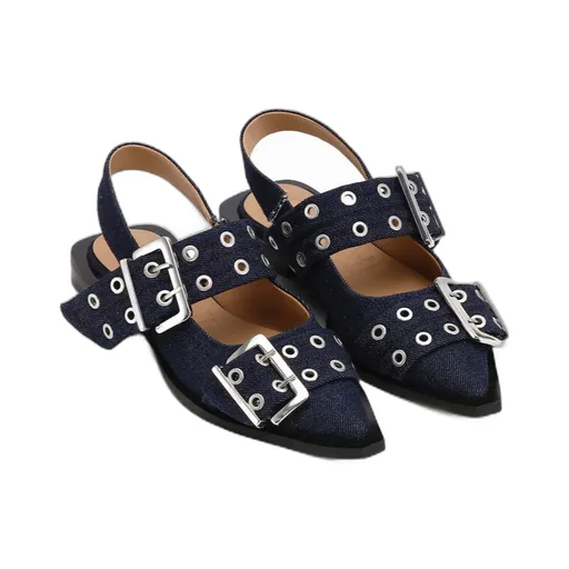 Ganni Double-Buckled Denim Ballerina Shoes