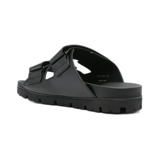 Prada Enamel-Triangle Slip-On Sandals