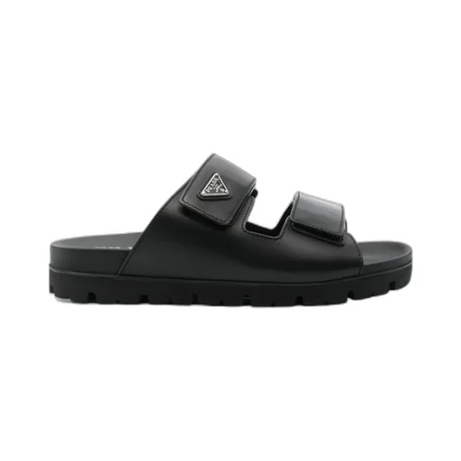Prada Enamel-Triangle Slip-On Sandals