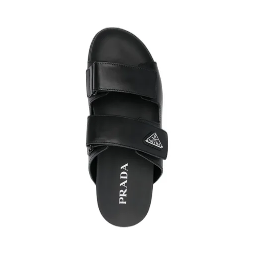 Prada Enamel-Triangle Slip-On Sandals
