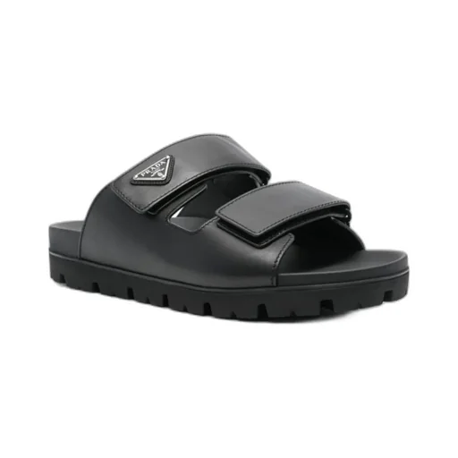Prada Enamel-Triangle Slip-On Sandals