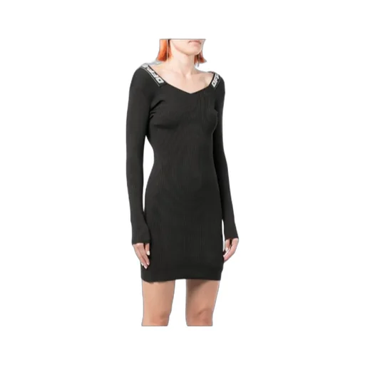 Off-White Logo Tape Long-Sleeved Ribbed Mini Dress
