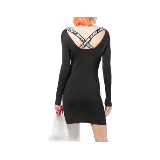 Off-White Logo Tape Long-Sleeved Ribbed Mini Dress