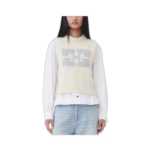 Ganni Glittery-Logo Crewneck Sleeveless Knitted Vest