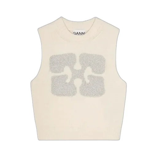 Ganni Glittery-Logo Crewneck Sleeveless Knitted Vest