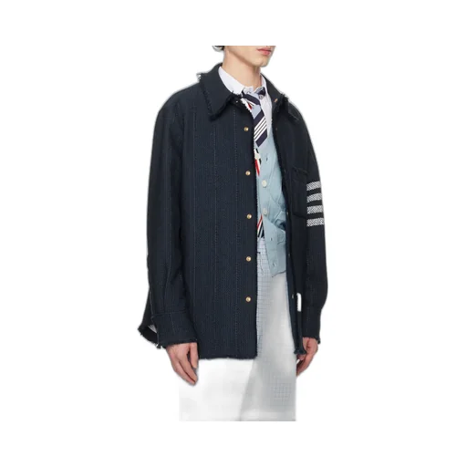 Thom Browne 4-Bar Striped Frayed Hem Overshirt