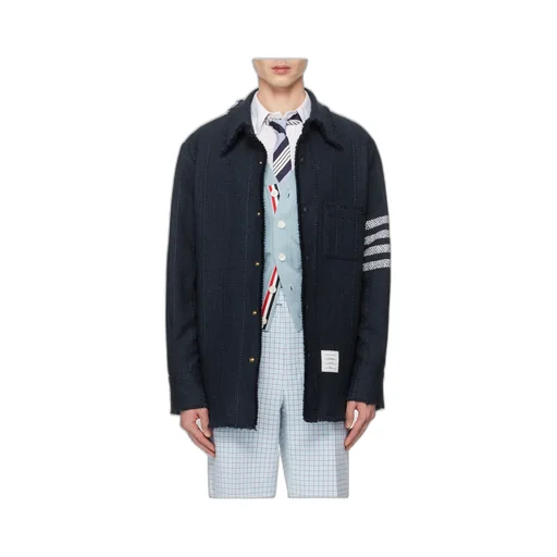 Thom Browne 4-Bar Striped Frayed Hem Overshirt