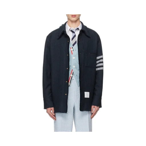 Thom Browne 4-Bar Striped Frayed Hem Overshirt