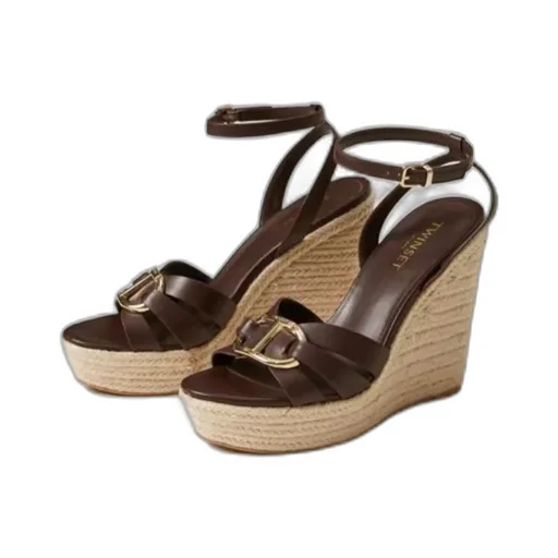 Twinset Leather And Rope Wedge Sandals