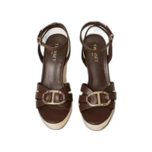 Twinset Leather And Rope Wedge Sandals