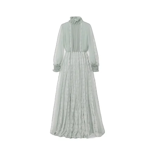 Ruffled Lace-Trimmed Pleated Silk-Chiffon Gown