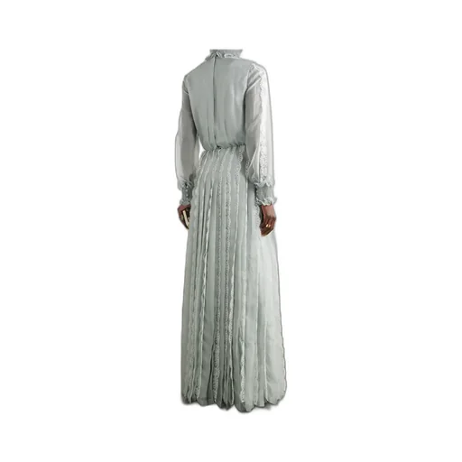 Ruffled Lace-Trimmed Pleated Silk-Chiffon Gown