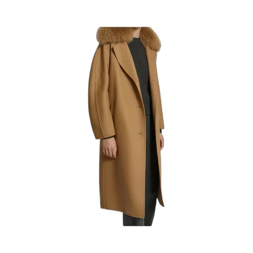 Long Belted Coat In Cashmere Wool With Fox Fur Collar
