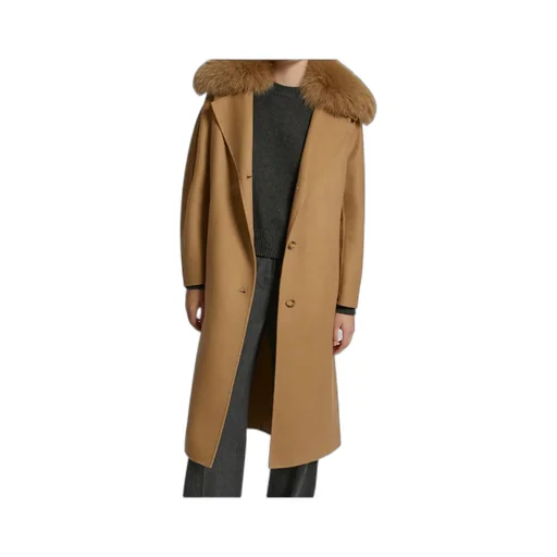 Long Belted Coat In Cashmere Wool With Fox Fur Collar