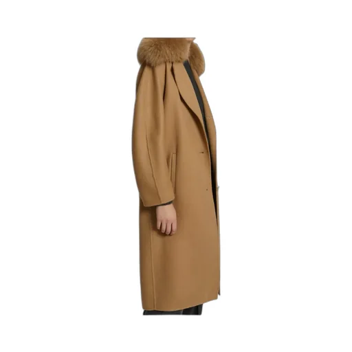 Long Belted Coat In Cashmere Wool With Fox Fur Collar