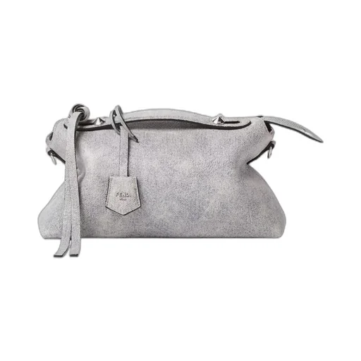 Gray Leather Bag With A Faded Denim Effect.