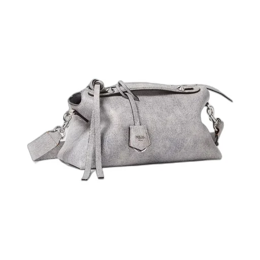 Gray Leather Bag With A Faded Denim Effect.