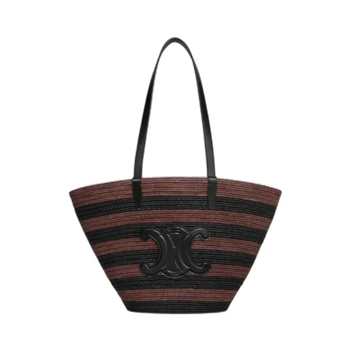 Couffin Celine Classic Panier In Striped Raffia And Calfskin