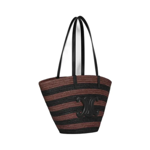 Couffin Celine Classic Panier In Striped Raffia And Calfskin