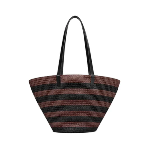 Couffin Celine Classic Panier In Striped Raffia And Calfskin