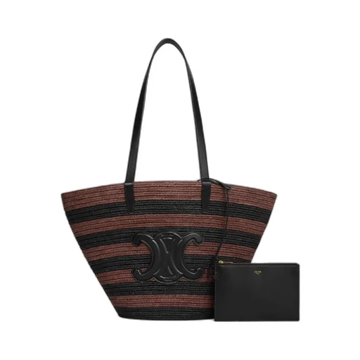 Couffin Celine Classic Panier In Striped Raffia And Calfskin
