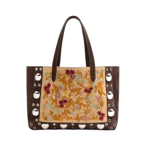 Valentino Vlogo Plaque Floral Embroidered Tote Bag