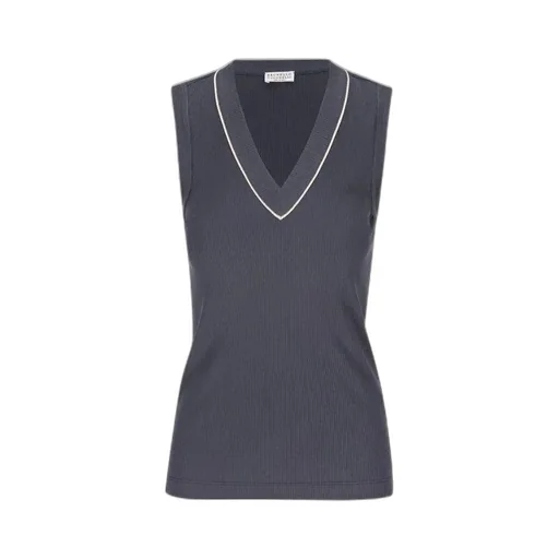 Brunello Cucinelli Shiny Pip Ribbed Jersey Top
