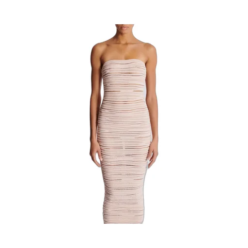 Balmain Shiny Rolled Knit Strapless Midi Dress