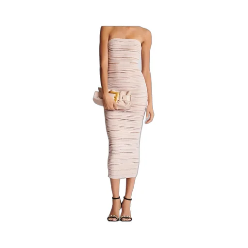Balmain Shiny Rolled Knit Strapless Midi Dress