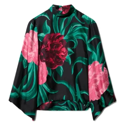 La Doublej Peony Print Silk Top