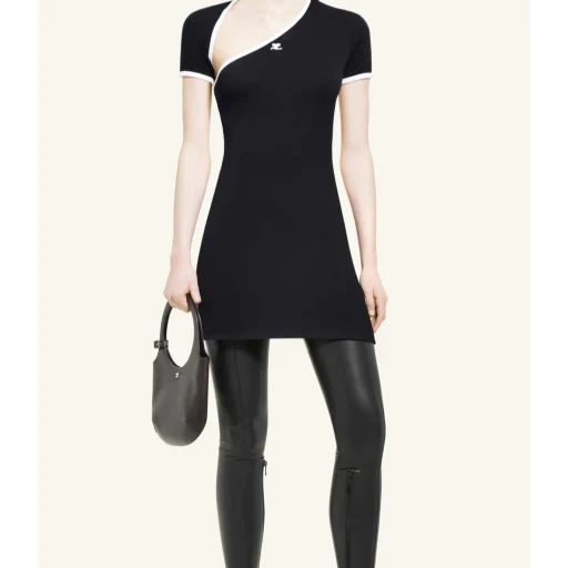 CourrÈGes Asymmetric-Neck Contrasted Trim Mini Dress