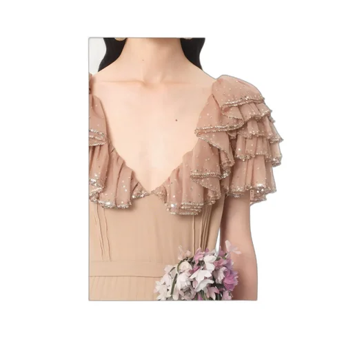 Valentino Floral Embellished Ruffled V-Neck Dress