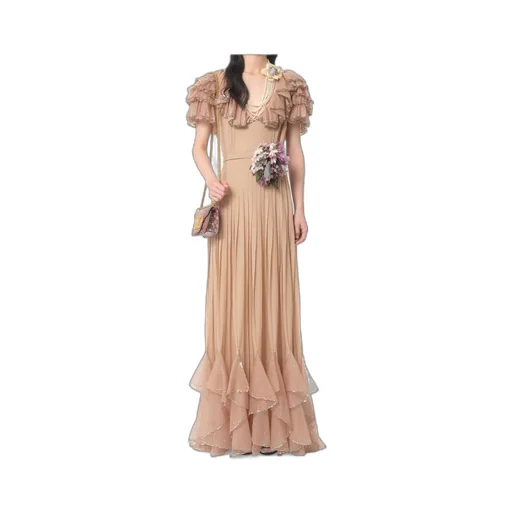 Valentino Floral Embellished Ruffled V-Neck Dress
