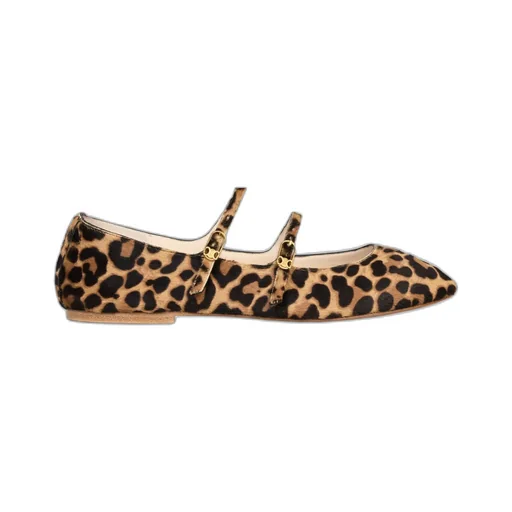 Les Ballerines Celine Double Strap Ballerina In Leopard Printed Hairy Calfskin